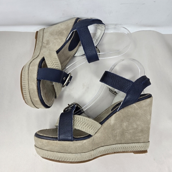 Blackstone Womens Wedge Platform Sandel Sz 38=8 Blue & Tan Leather Suede Adj. - Picture 5 of 11